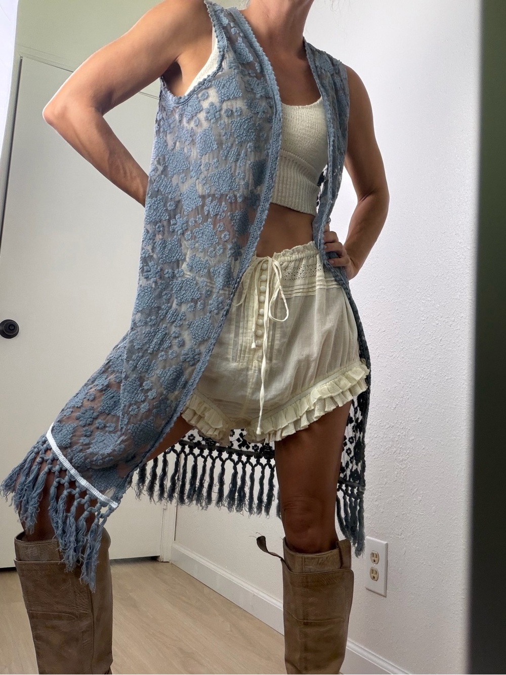 Boho Shabby Chic Blue Grey Embroidered Lace Mesh Festival Fringe Vest